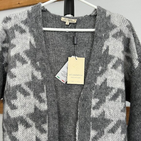 NWT Elisabetta Collection‎ Wool Mohair Blend Houndstooth Cardigan Grey Pink Sz S - Picture 2 of 14